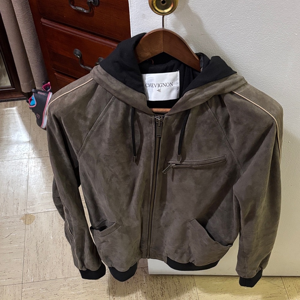 Chevignon Men's Grey Suede Bomber Hoodie Jacket